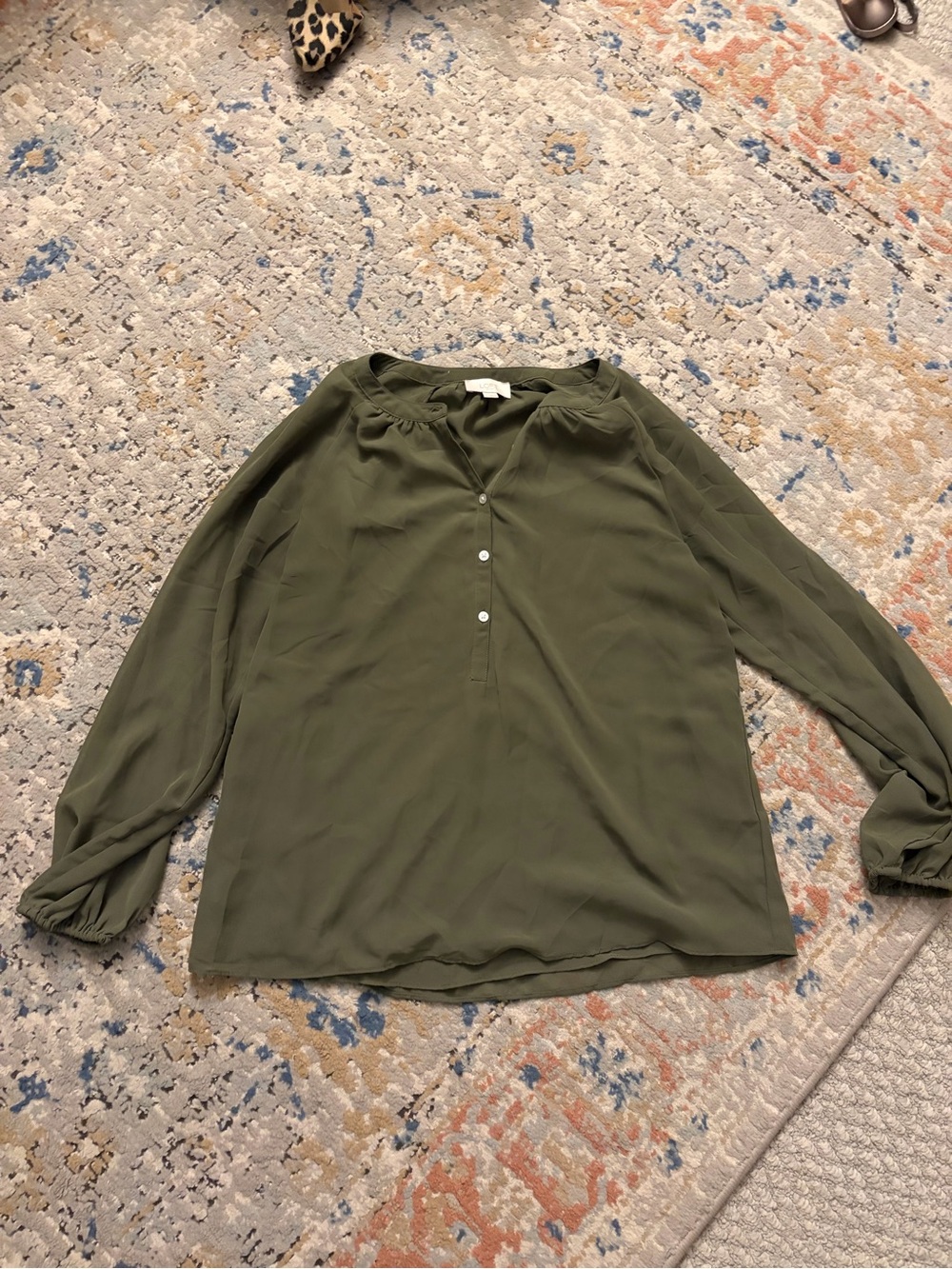 LOFT Olive Green Long Sleeve Button Henley Blouse